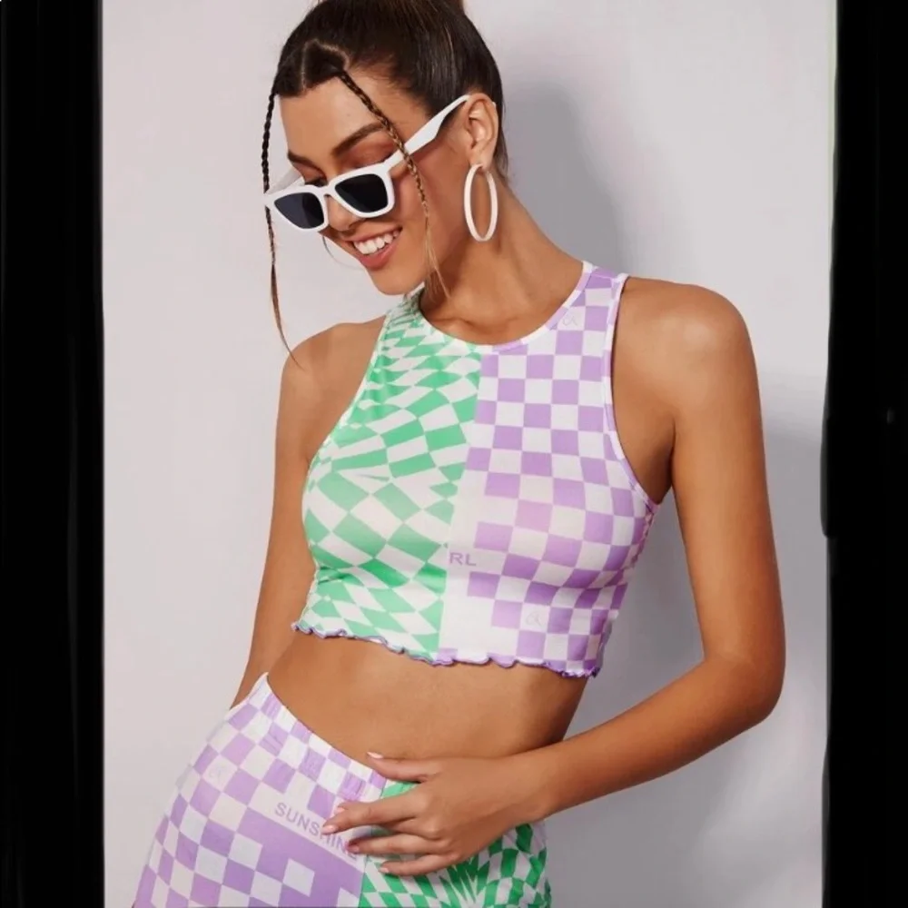 🏃🏽‍♀️🛼Checkered & Letter Print Tank Top & Pants Set🛹⛸ Boutique New 12(L)🛼 - Picture 2 of 6